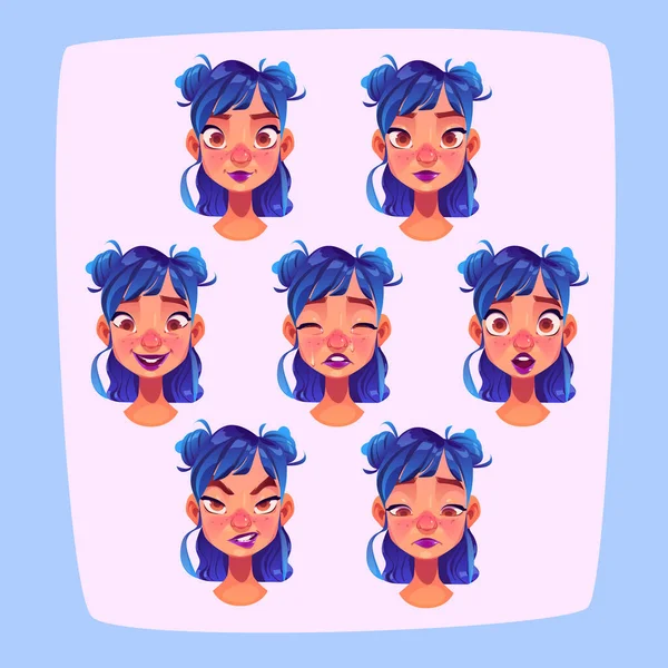 Young Woman Face Expressions Cartoon Female Character Avatar Different Emotions — Vetor de Stock