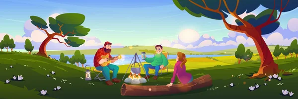 Friends Camping People Relax Forest Camp Playing Guitar Drink Tea — Stockvector