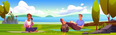 Man and woman relax on green lawn at lake shore. Cartoon nature landscape with young couple characters sitting on mats with cup and mobile phone. People summer outdoor recreation, Vector illustration