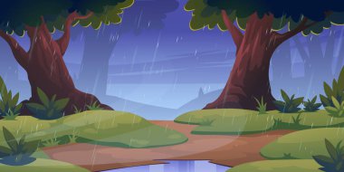 Forest landscape with trees and green grass in rain. Vector cartoon illustration of storm weather in woodland, park or garden with rainfall and puddles on path