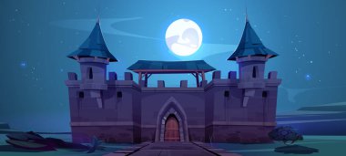 Medieval castle wall at night, fairytale fortress with turrets, wooden arched gate and paved road under dark starry sky with full moon. Fantasy magic ancient architecture, Cartoon vector illustration