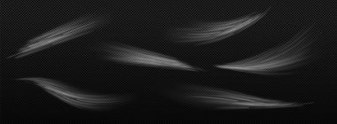 Wind blowing effect, mist, smoke or blizzard scratch trails isolated on black background. White smoky flow streams, haze or spray whirls, freezing vapour, fog or jets, Realistic 3d vector graphics set