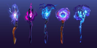 Magic staves with vfx of spells, wizard or magician scepters isolated on background. Vector cartoon set of sorcerer wooden sticks. black wands with glow and lightnings