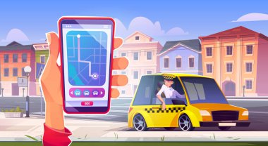 Smartphone with taxi mobile app in hand, yellow cab on road. Cartoon vector illustration of person holding gadget with map on screen, calling car for trip around city. Driver smiling at passenger