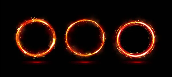 Fire Rings Burning Circle Frames Glow Sparks Isolated Black Background — Stock Vector