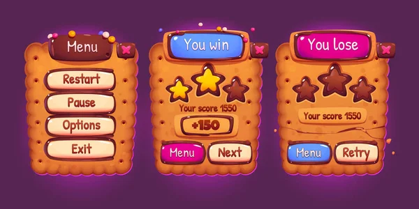 Cookie Game Interface Cartoon Set Vector Illustration Elements Menu Player —  Vetores de Stock
