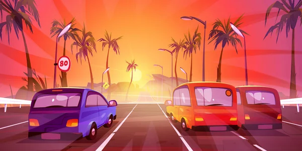 Cars Driving Highway Beautiful Tropical Dusk Landscape Palm Trees Street — Vettoriale Stock