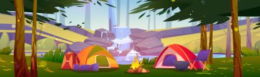 Camping tents with campfire and tourist stuff in forest with waterfall cascade. Traveler halt with chair, rucksack on nature landscape scenery view, summer hiking, travel, Cartoon vector illustration