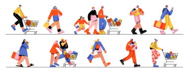 Mutlu insanlar mağaza satışına koşar. Alışveriş arabaları ve çantalarıyla alışveriş yapan çeşitli erkek ve kadınların düz bir temsili. Kara Cuma indirimi, mağazada indirim.