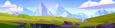Summer landscape with meadows, chasms and mountains on horizon. Nature panorama with white rocks, green grass and cracks in land after earthquake, vector cartoon illustration