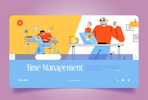 Time Management Landing Page Office Workers Man Woman Sitting Desks — Stok Vektör