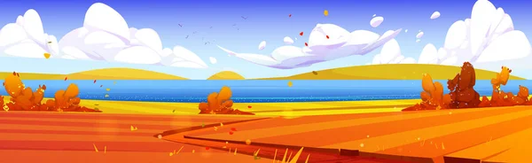 Autumn rural landscape with river, orange agriculture fields, bushes, flying leaves and road. Vector cartoon illustration of country panorama with farmlands and lake in fall