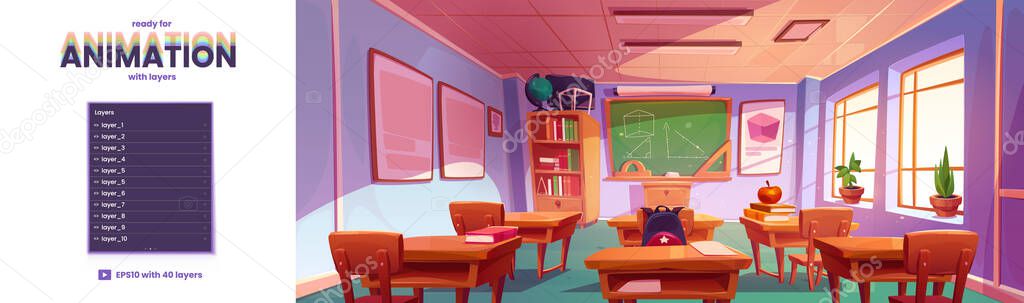 School classroom for math learning with chalkboard, wooden tables and chairs. Vector parallax background ready for 2d animation with cartoon illustration of empty class interior