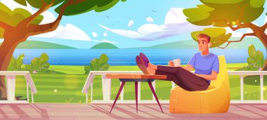 Man with coffee cup and earpods relax at outdoor home terrace with beautiful nature landscape summer field, trees and pond view. Male character rest at wooden fenced patio, Cartoon vector illustration
