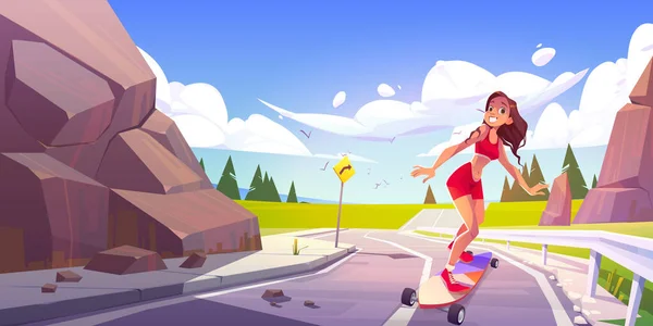 Young Woman Riding Skateboard Mountain Road Summer Landscape Skater Girl — Vector de stock