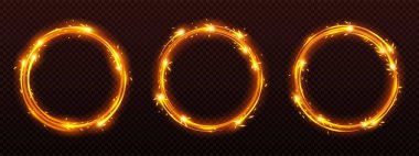 Circle frames with fire sparkle motion effect, glow round borders with sparks of weld metal blade, cracker or petard. Circus ring, fiery light bordering with twinkles, Realistic 3d vector illustration