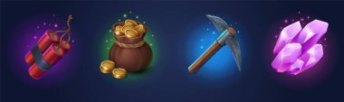 Game props icons dynamite, golden coins in sack, pickaxe and pink crystals ui or gui design elements. Game assets, gold mine items money, pick and gem stones treasure, Isolated cartoon 3d vector set