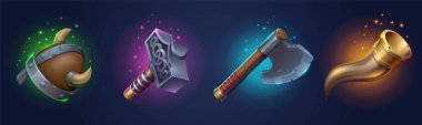 Viking helmet, nordic weapons and bugle horn for game ui design. Vector cartoon set of medieval norse barbarian armour, hammer with celtic ornament, ax and hat with horns