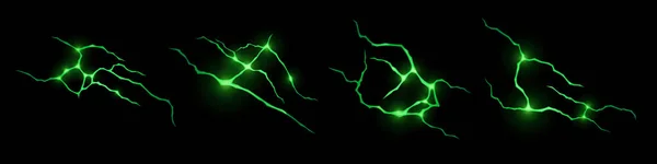 Realistic Set Green Lightnings Isolated Black Background Vector Illustration Scary — Vetor de Stock