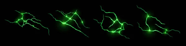 Realistic Set Green Lightnings Isolated Black Background Vector Illustration Scary —  Vetores de Stock