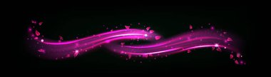 Purple light wave with sparks and leaves. Magic glow effect with star dust and sparkles. Abstract flow, isolated magician spell, shiny wizard trace, fairy lightnings, Realistic 3d Vector illustration
