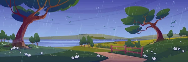 Rural scene with agriculture fields, river, road and trees in rain. Vector cartoon illustration of summer landscape, countryside with green meadows, lake, flowers and trees at rainy weather