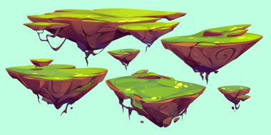 Green rocky flying island isolated cartoon illustration set. Colorful vector image of floating land pieces. Fantasy summer landscape ground pieces hanging in air, game design collection