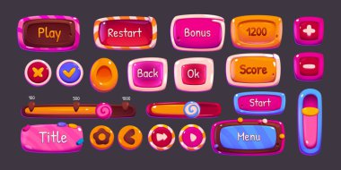 Glossy game buttons, boards and bars with candy and chocolate texture. Vector cartoon set of sweet game ui elements, menu, play, score buttons, check and cross marks, sliders
