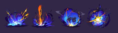 Magic explosions, light flash or energy burst with fire and blue smoke clouds. Vector cartoon set of blast effects for 2d game animation isolated on background