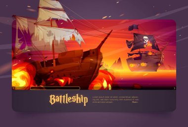 Battleship cartoon web banner. Ship battle, pirate wooden boat with jolly roger flag attack brigantine with cannon fire, corsair war, burning frigates with flame and ragged sails, Vector illustration