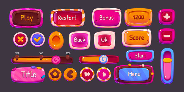 Glossy game buttons, boards and bars with candy and chocolate texture. Vector cartoon set of sweet game ui elements, menu, play, score buttons, check and cross marks, sliders