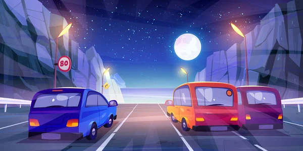 Cars Driving Night Highway Rear View Automobiles Riding Mountain Road — Wektor stockowy