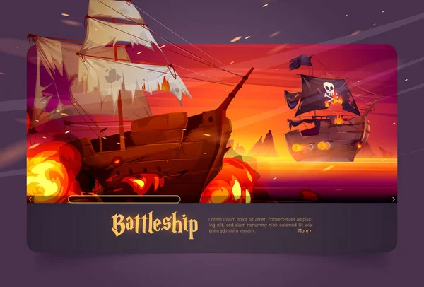 Battleship Cartoon Web Banner Ship Battle Pirate Wooden Boat Jolly — Vector de stock