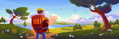 Rural scene with hiker man with map and backpack on road. Summer landscape with river, agriculture fields, path, green trees and grass. Vector cartoon illustration of tourist in countryside