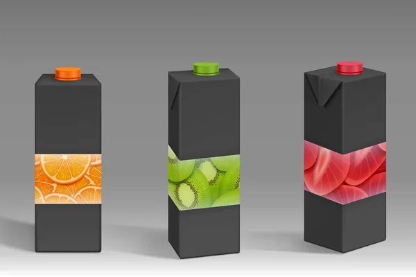 Black Carton Packs Fruit Print Juice Front Angle View Vector — Wektor stockowy