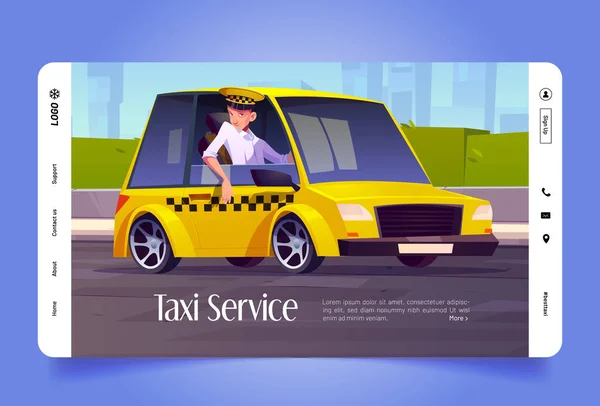 Taxi Service Cartoon Landing Page Driver Sitting Car Open Window — Vetor de Stock