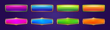 Shiny game buttons with gold and color frames. Vector cartoon set of web or mobile app interface elements, blank glossy rectangle buttons isolated on background