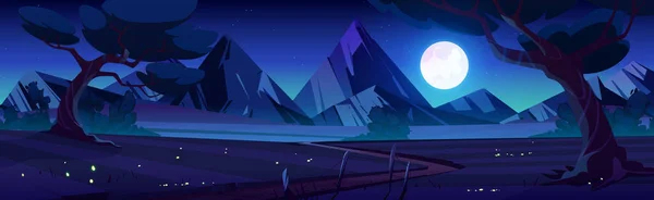 Cartoon nature landscape at night time. Rural dirt road going along dark field with deciduous trees and mountains view. Scenery game background, Vector illustration