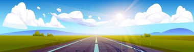 Empty motor road and green field landscape cartoon illustration. Vector image of bright sun shining in blue sky with fluffy white clouds. Beautiful summer countryside view. Way to future success