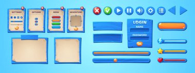 Game ui menu interface, scrolls and antique parchments on blue wooden boards. Cartoon wood textured planks, gui graphic elements. User panel with settings, options or adventure isolated 2d vector set