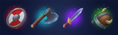 Viking game props icons, medieval battle axe, horned helmet, sword and round shield. Scandinavian nordic warrior weapon and armor, isolated ui rpg game design elements, assets Cartoon vector items set