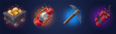 Game props icons gold mine assets dynamite, trolley with golden nuggets, lantern and pickaxe ui or gui design elements. Game items carriage with ingots, pick and tnt Isolated cartoon 3d vector set