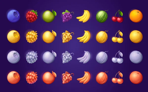 Color Set Fruit Icons Online Casino App Interface Cartoon Blueberry — Stock Vector