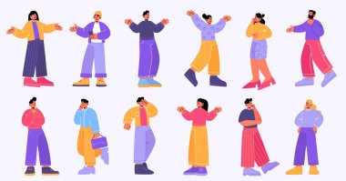 People bewilderment, confusion set. Puzzled pensive men, women in doubt thinking, scratching head. Confused thoughtful persons touching chin, pondering, contemplation Line art flat vector illustration