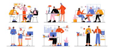Office scenes with business people at their work space, meeting at coffee break, disputing. Colleagues communicate sitting at desk discussing projects and plans, Line art flat vector illustration, set