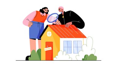 House property search concept. Couple look through magnifier on cottage. People choose real estate for rent or buying, Man and woman watch home for sale or mortgage, Line art flat vector illustration