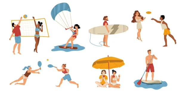 Young People Having Active Rest Beach Flat Character Set Isolated — ストックベクタ