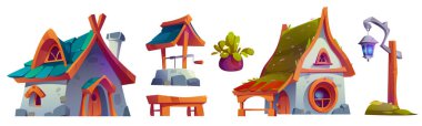 Gnome village set with fantasy houses, water well and wooden bench. Vector cartoon illustration of fairy tale home buildings, forest huts, lantern and plants isolated on white background