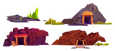 Cartoon mine entrance set isolated on white background. Vector illustration of old cave in mountain with minecart railway, wooden support, rocky stones lying on ground. Adventure game design elements