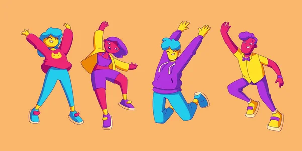 Happy People Jump Raised Arms Contemporary Characters Feel Positive Emotions — Stock vektor